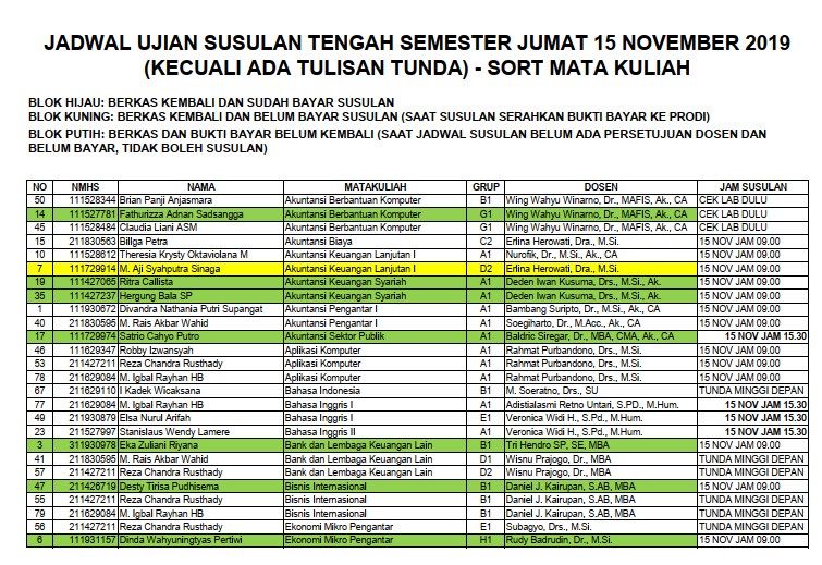Jadwal Ujian Susulan Tengah Semester Jumat 15 November 2019