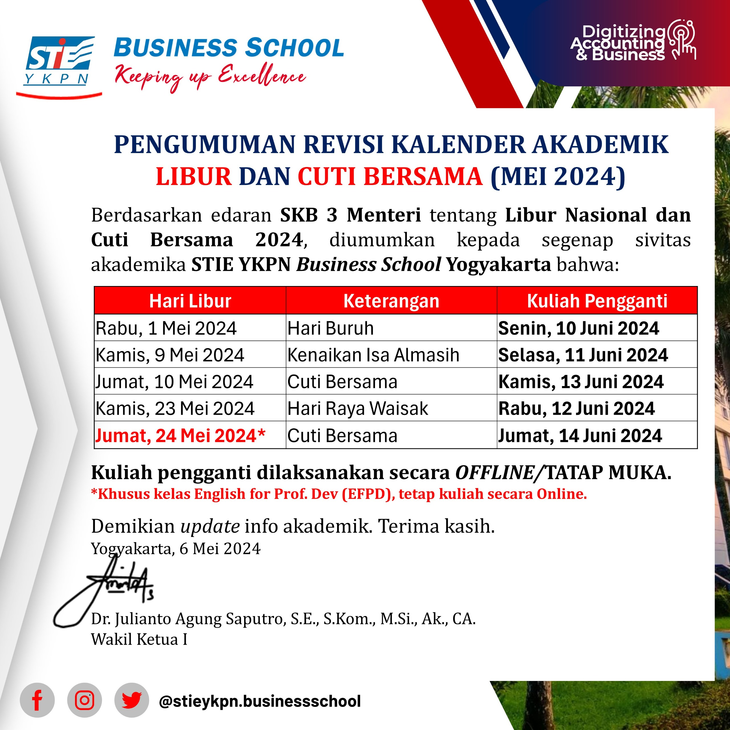 Pengumuman dan Revisi Kalender Akademik bulan Mei 2024