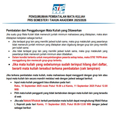 PENGUMUMAN PEMBATALAN MATA KULIAH PRS 20251