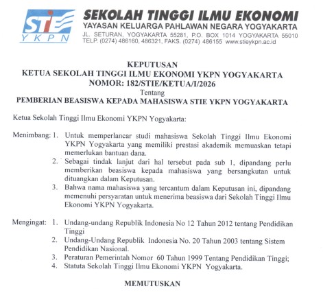 PEMBERIAN BEASISWA KEPADA MAHASISWA STIE YKPN YOGYAKARTA