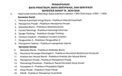 PENGUMUMAN BIAYA PRAKTIKUM, BIAYA SERTIFIKASI, DAN SERTIFIKAT SEM GENAP TA 2025 / 2026