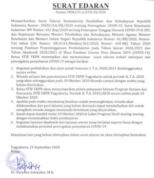 Surat Edaran Ketua STIE YKPN Tentang Wisuda Sem 2 TA 2019/2020
